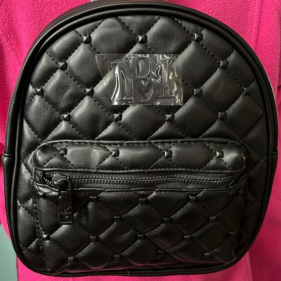 Badgley Mischka Mini Backpack Black Vegan Leather Quilted Puffer front pocke - Picture 4 of 12